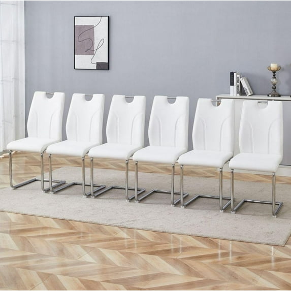 NYEESS Set of 6 White PU Dining Chairs with Silver Metal Legs, Modern Upholstered Seating for Kitchen or Office