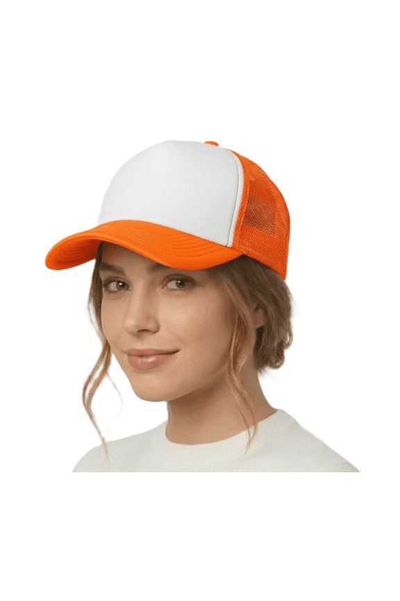 Blank Mesh Adjustable Snapback Cotton 6-Panel Trucker Hat Cap, Orange/White