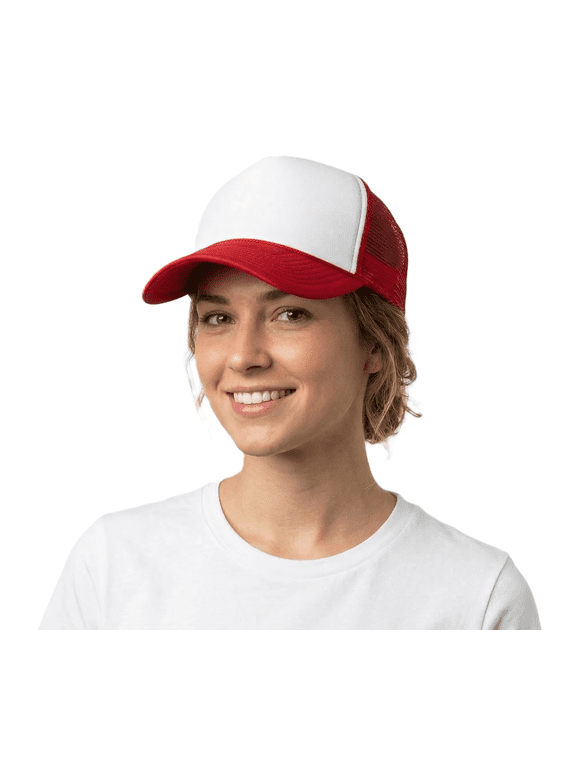 Blank Mesh Adjustable Snapback Cotton 6-Panel Trucker Hat Cap, Red/White