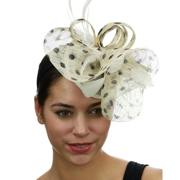 NYFASHION101 Cocktail Elegant Feather Curlicue Mesh Sinamay Fascinator Headband, Ivory/Black Dot
