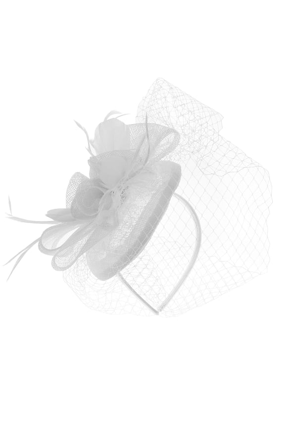 Cocktail Elegant Ruffle Flower and Feather Mesh Sinamay Fascinator Headband, CC2896-White
