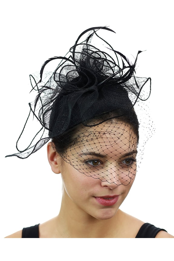 Cocktail Formal Party Face Veil Floral Mesh Fascinator Headband, Black