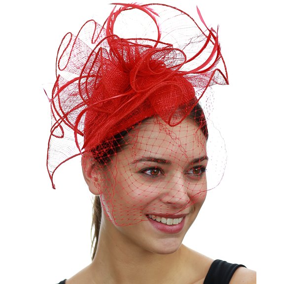 NYFASHION101 Cocktail Formal Party Face Veil Floral Mesh Fascinator Headband, Red