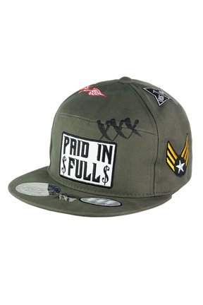 Embroidered Multi Emblem Flat Bill Adjustable Snapback Cap Hat, Olive