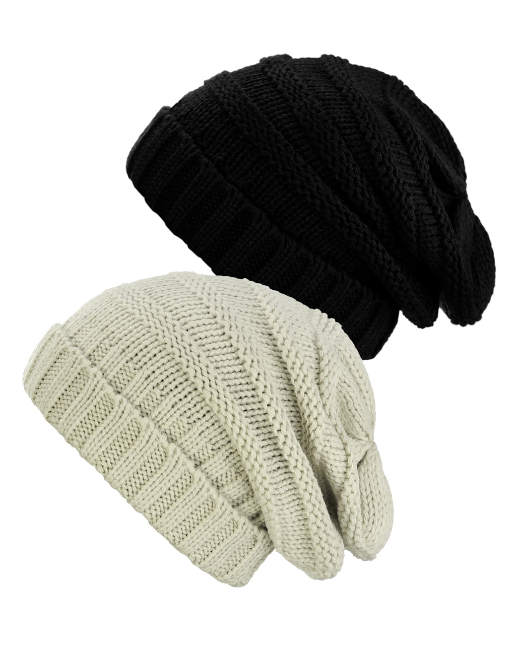 NYFASHION101 Exclusive Oversized Baggy Slouchy Thick Winter Beanie Hat - 2 Pack, Black & Beige