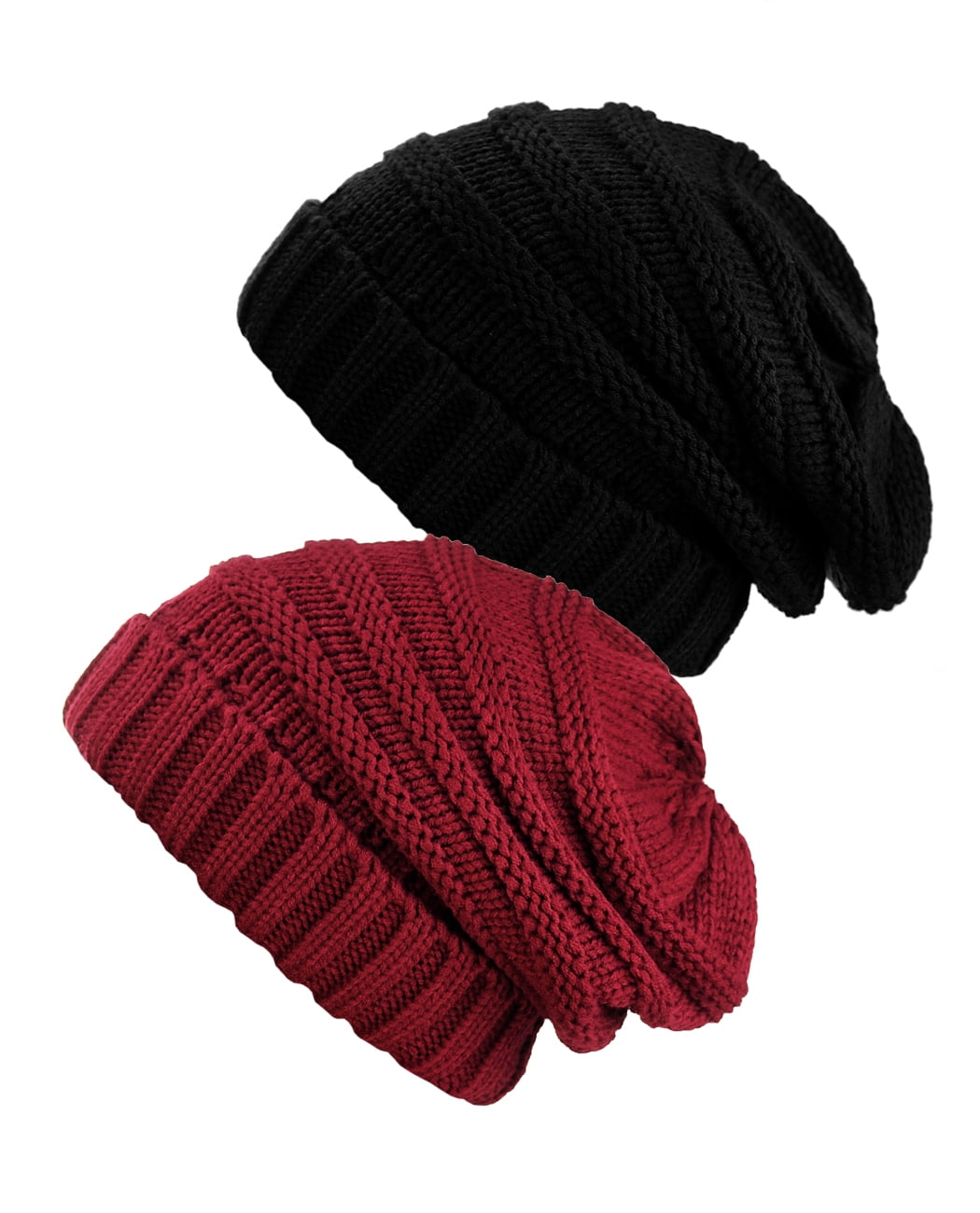 NYFASHION101 Exclusive Oversized Baggy Slouchy Thick Winter Beanie Hat - 2 Pack, Black & Burgundy