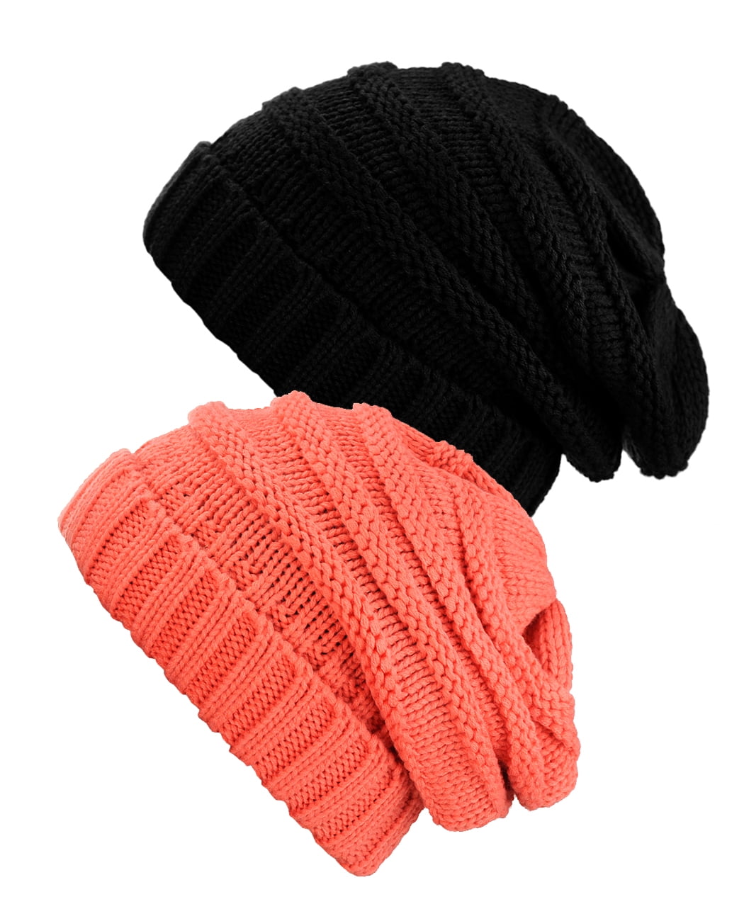 NYFASHION101 Exclusive Oversized Baggy Slouchy Thick Winter Beanie Hat - 2 Pack, Black & Coral