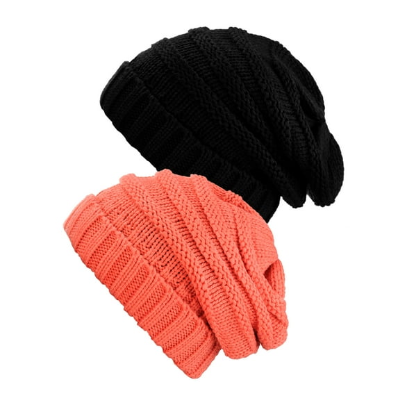 NYFASHION101 Exclusive Oversized Baggy Slouchy Thick Winter Beanie Hat - 2 Pack, Black & Coral
