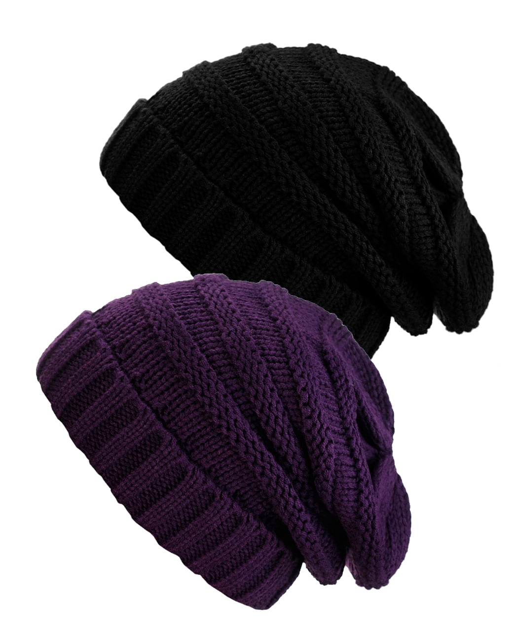 NYFASHION101 Exclusive Oversized Baggy Slouchy Thick Winter Beanie Hat - 2 Pack, Black & Dark Purple