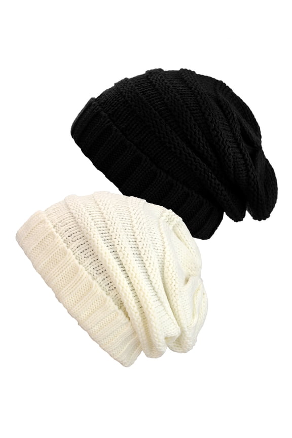 Exclusive Oversized Baggy Slouchy Thick Winter Beanie Hat - 2 Pack, Black & Ivory