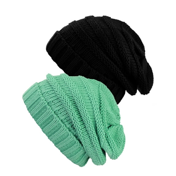NYFASHION101 Exclusive Oversized Baggy Slouchy Thick Winter Beanie Hat - 2 Pack, Black & Mint