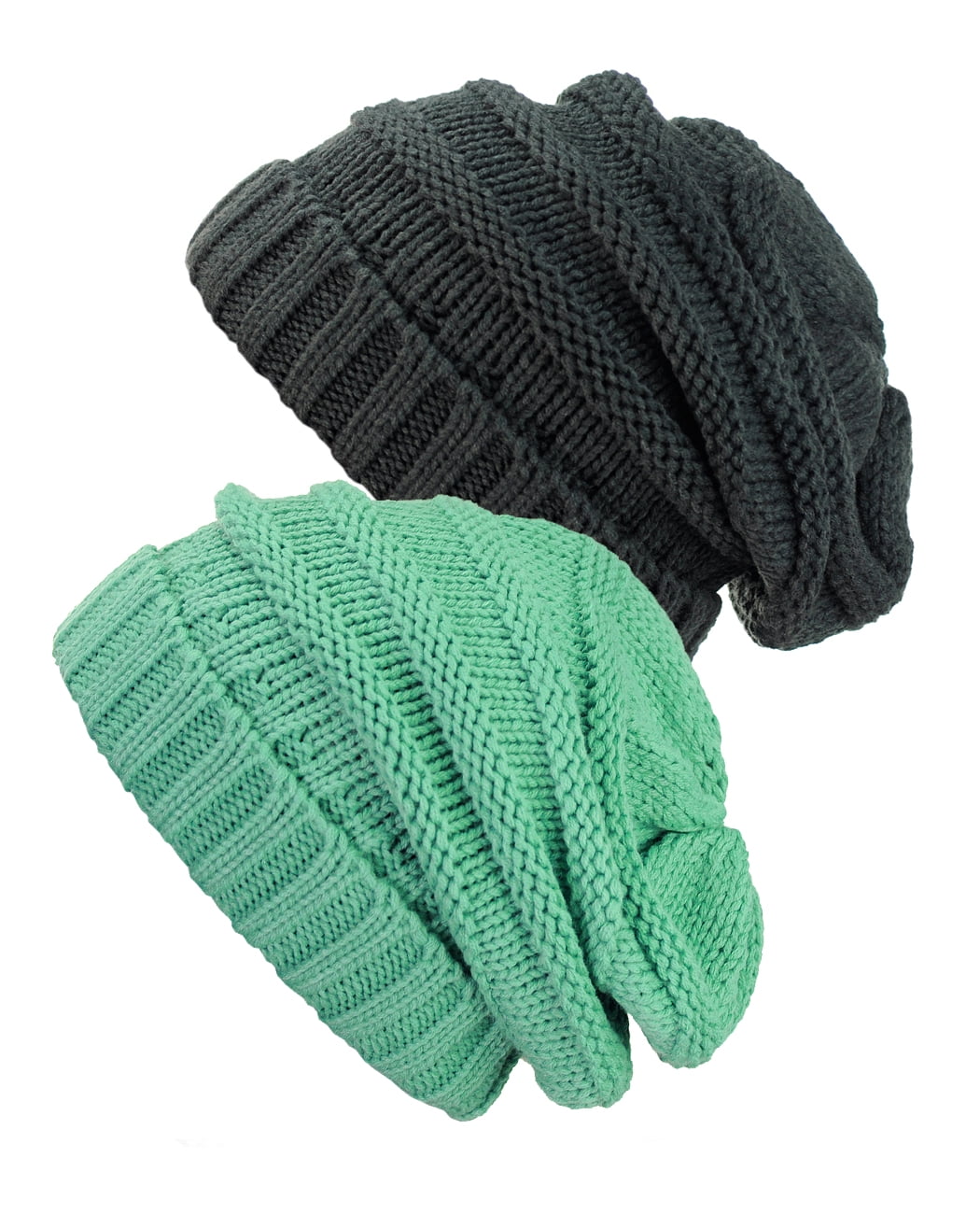 NYFASHION101 Exclusive Oversized Baggy Slouchy Thick Winter Beanie Hat - 2 Pack, Melange Gray & Mint