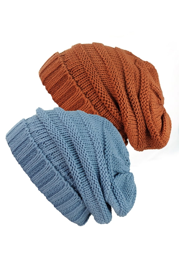 Exclusive Oversized Baggy Slouchy Thick Winter Beanie Hat - 2 Pack, Rust & Denim