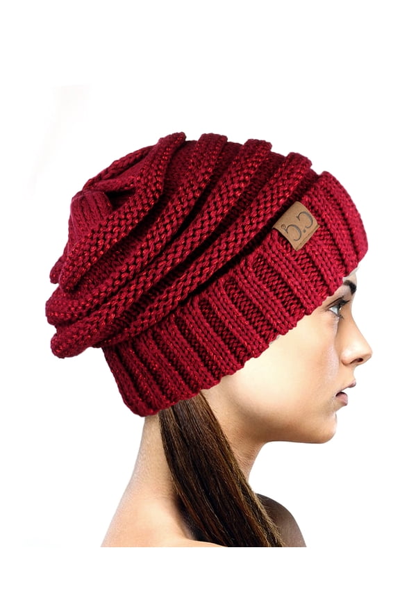 Exclusive Oversized Baggy Slouchy Thick Winter Beanie Hat - Burgundy Metallic