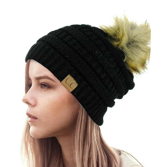 NYFASHION101 Exclusive Soft Stretch Cable Knit Faux Fur Pom Pom Beanie Hat - Black