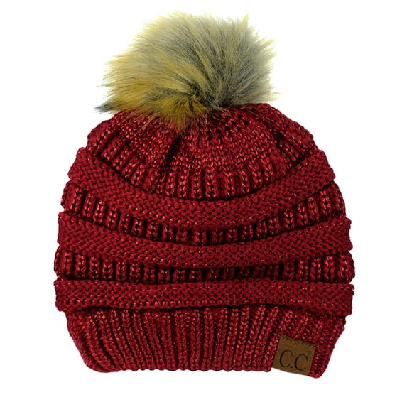 NYFASHION101 Exclusive Soft Stretch Cable Knit Faux Fur Pom Pom Beanie Hat - Burgundy Metallic