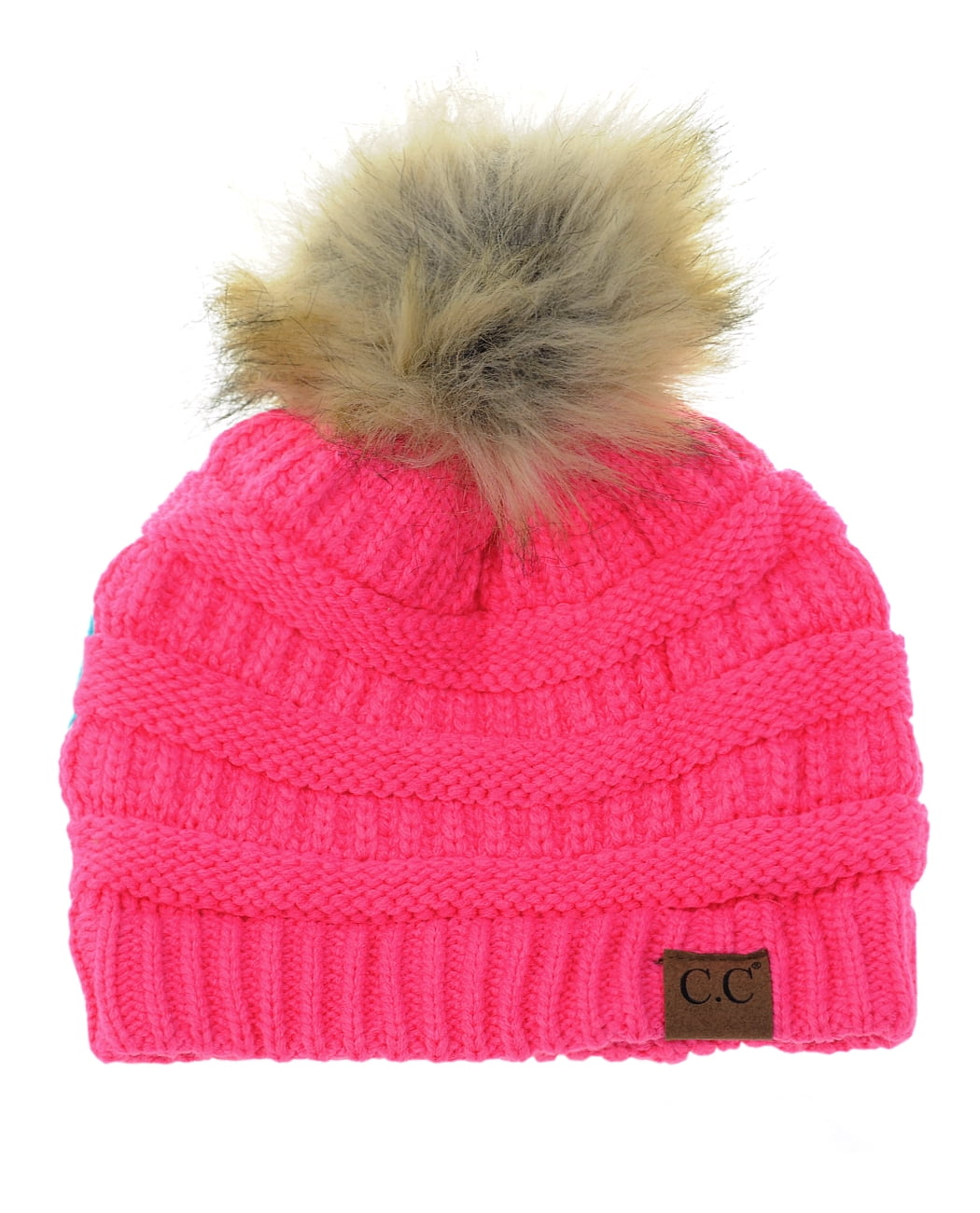NYFASHION101 Exclusive Soft Stretch Cable Knit Faux Fur Pom 
