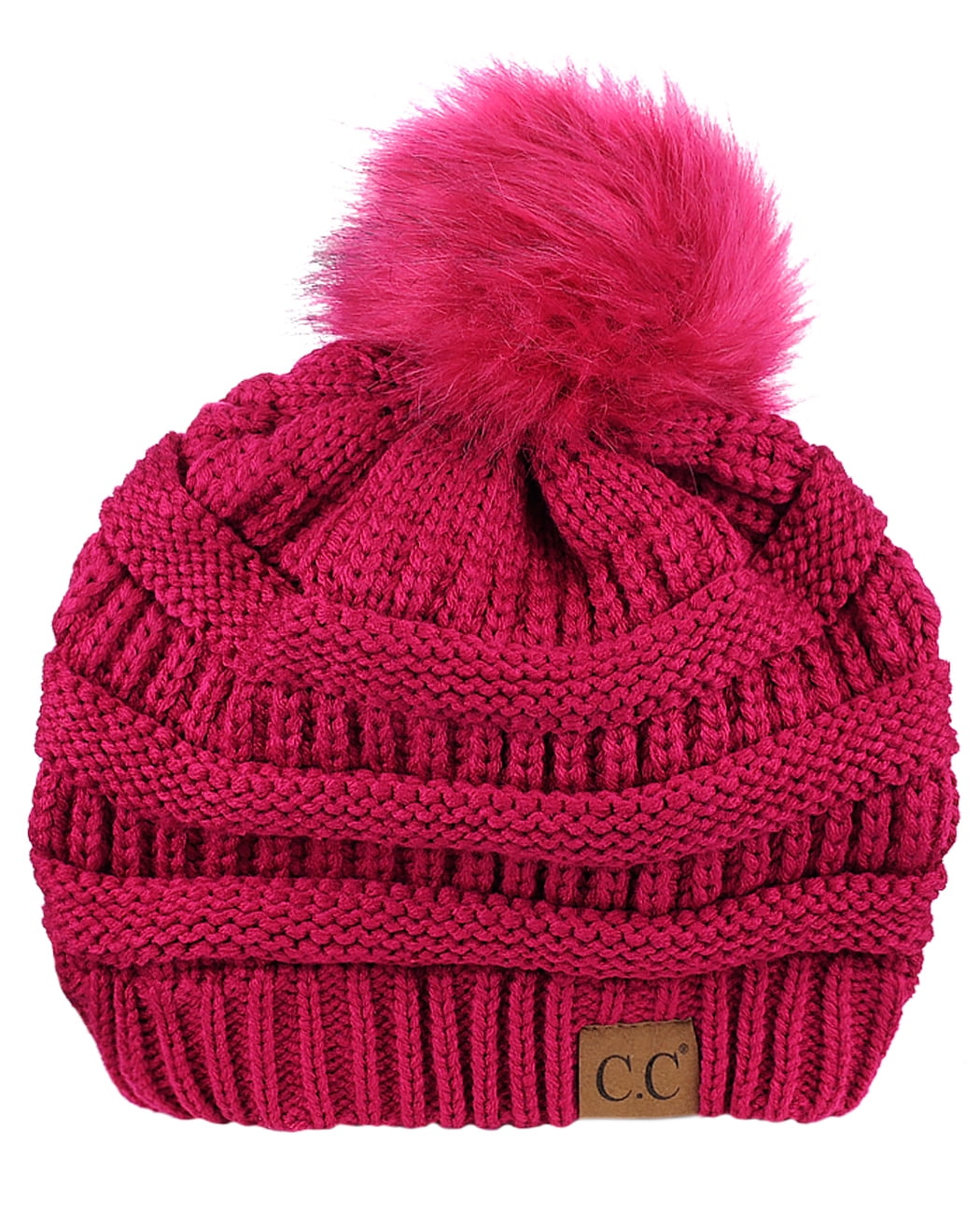 Pink Chunky Cable Knit Beanie with Faux Fur Pom  NWT Womens Winter Thick Cable Knit Beanie Faux Fur Pom Hat One  main image 2