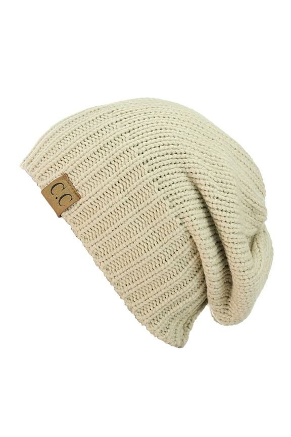 Exclusive Two Way Cuff & Slouch Warm Knit Ribbed Beanie, Beige