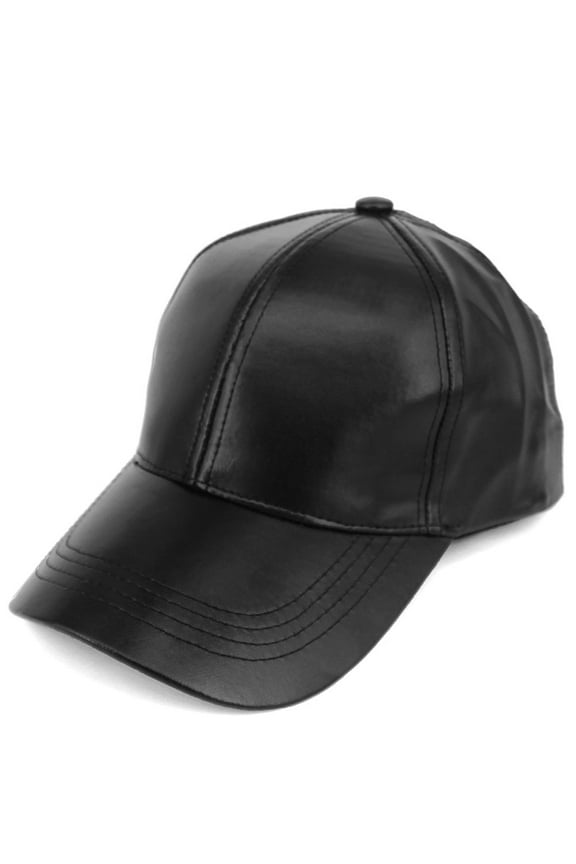 Faux Leather Adjustable Snapback Baseball Cap Hat - Black