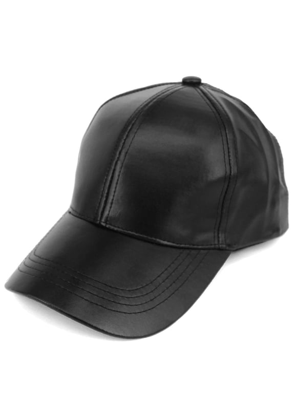 Faux Leather Adjustable Snapback Baseball Cap Hat - Black