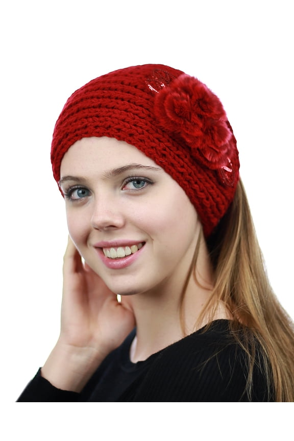 Hand Knitted Furry Flowers Winter Headband Headwrap - NAG324Y, Red