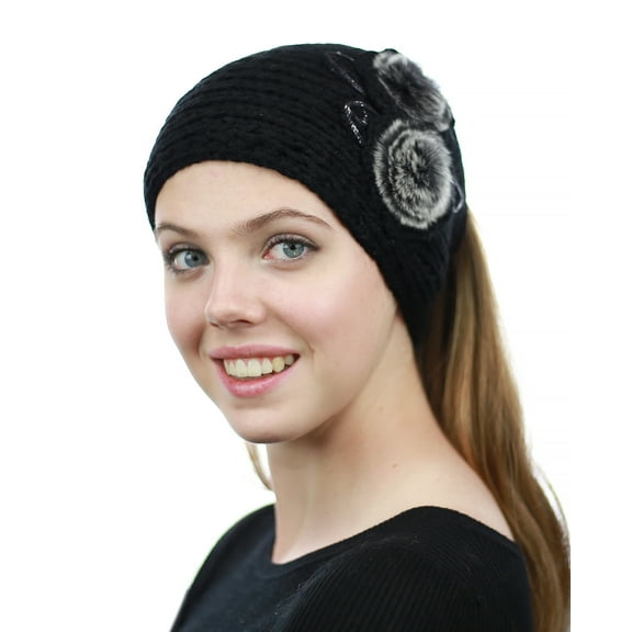 NYFASHION101 Hand Knitted Furry Flowers Winter Headband Headwrap - NAG325Y, Black