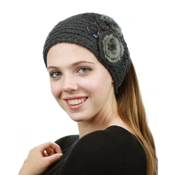 NYFASHION101 Hand Knitted Furry Flowers Winter Headband Headwrap - NAG325Y, Dark Gray