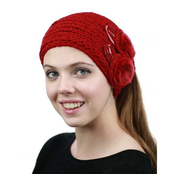 NYFASHION101 Hand Knitted Furry Flowers Winter Headband Headwrap - NAG325Y, Red