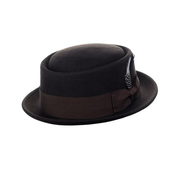 NYFASHION101 Men's Crushable Wool Felt Porkpie Hat w/Feather HE09 Br-L/XL