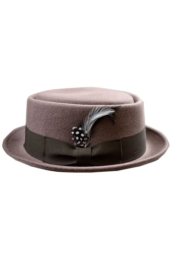 Men's Crushable Wool Felt Porkpie Hat with Feather HE09 Khaki-S/M