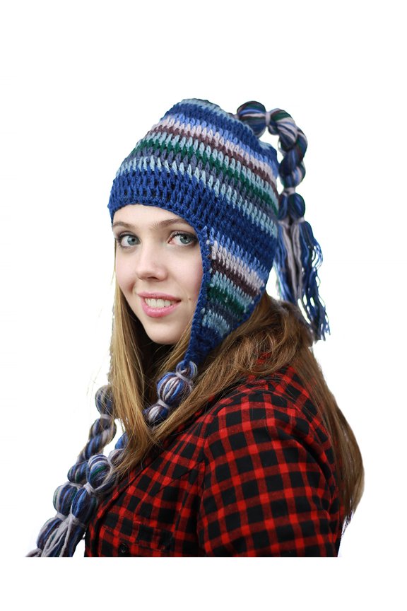 Nepal Handmade Ear Flaps Wool Fleece Lined Winter Hat - C10 BL