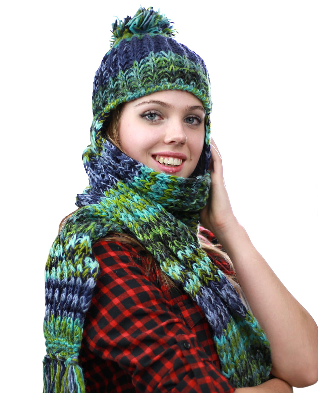 NYFASHION101 Nepal Wool Fleeced Hand Set Trooper Hat Scarf - Blue Knit Ski