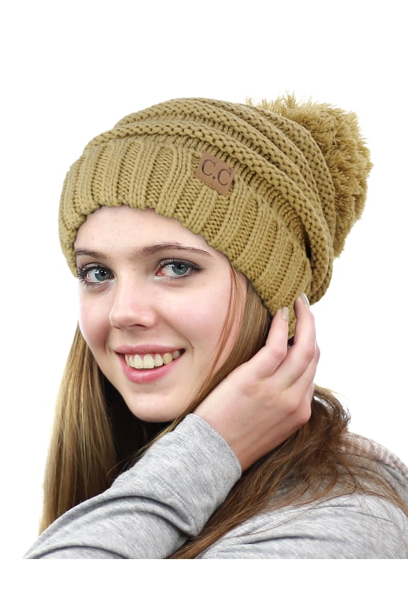 NYFASHION101® Pom Pom Oversized Baggy Slouchy Thick Winter Beanie Hat - Camel