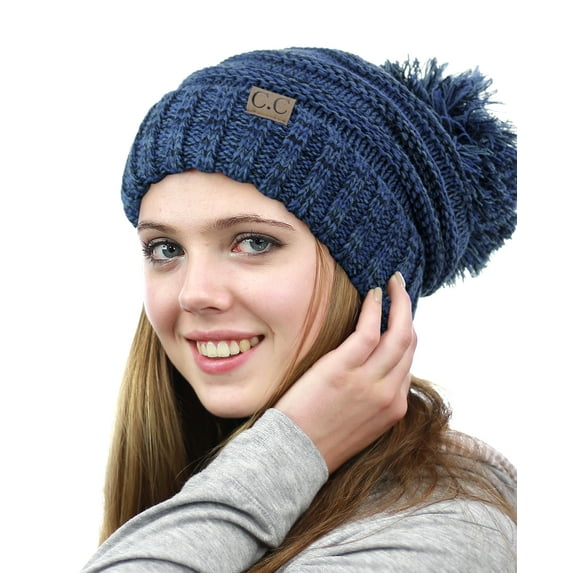 NYFASHION101® Pom Pom Oversized Baggy Slouchy Thick Winter Beanie Hat - Navy Mix