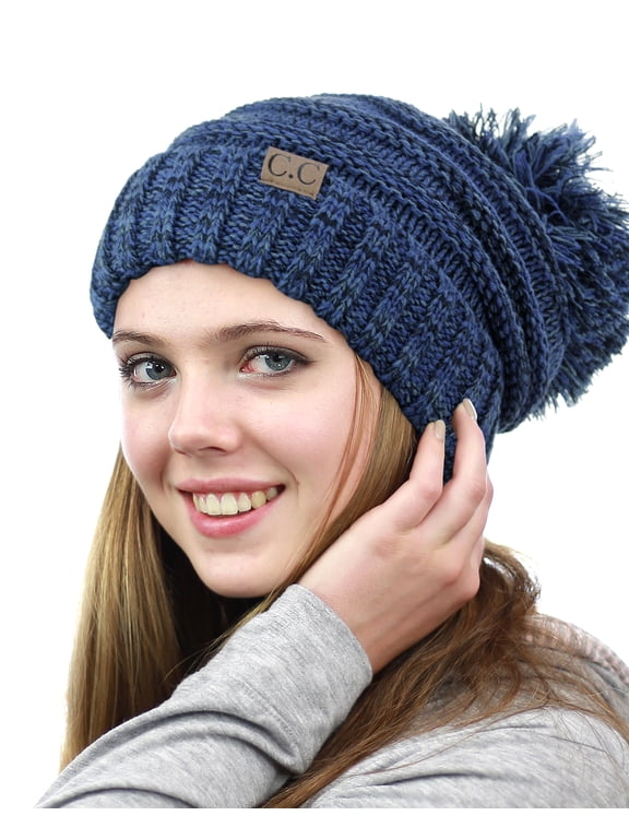 NYFASHION101® Pom Pom Oversized Baggy Slouchy Thick Winter Beanie Hat - Navy Mix