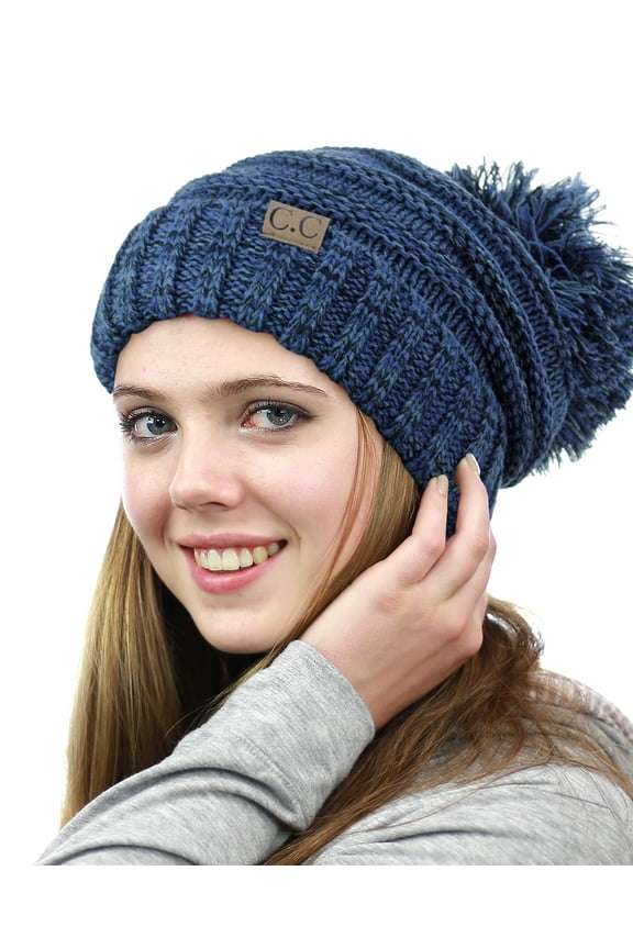 NYFASHION101® Pom Pom Oversized Baggy Slouchy Thick Winter Beanie Hat - Navy Mix