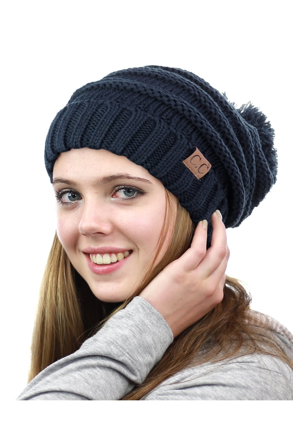 NYFASHION101® Pom Pom Oversized Baggy Slouchy Thick Winter Beanie Hat - Navy