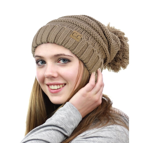 NYFASHION101® Pom Pom Oversized Baggy Slouchy Thick Winter Beanie Hat - Taupe