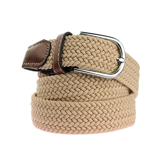 NYFASHION101 Rounded Metal Buckle Brown Inlay Elastic Braided Woven Stretch Belt, Beige - L