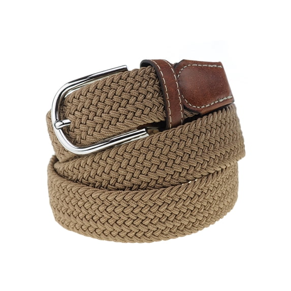 NYFASHION101 Rounded Metal Buckle Brown Inlay Elastic Braided Woven Stretch Belt, Khaki - XL