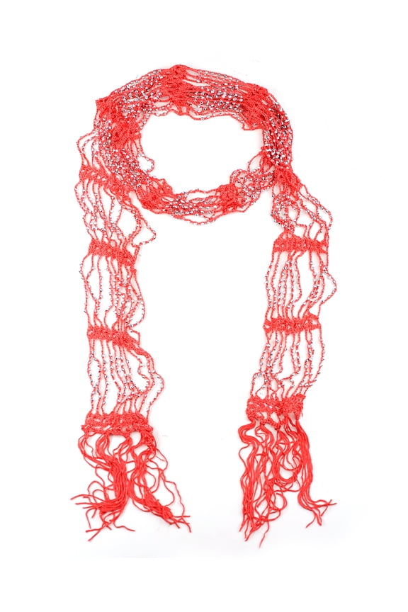 ® Silver-Tone Beaded Skinny Fishnet Shawl Scarf Waist Belt - Red