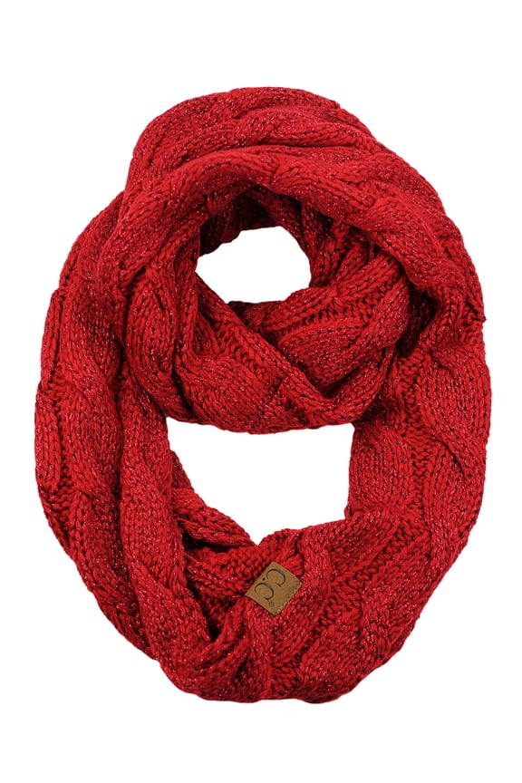 Soft Winter Warm Chunky Knit Cowl Infinity Loop Scarf, Red Metallic