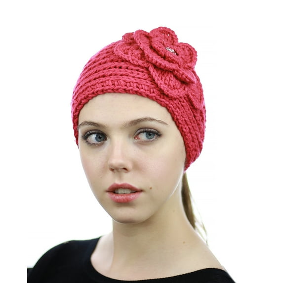 NYFASHION101 Stone Accent Hand Knitted Flower Winter Headband Headwrap - NAG15Y, Hot Pink