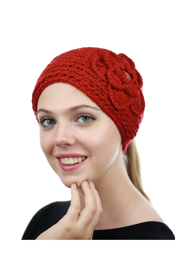 Stone Accent Hand Knitted Flower Winter Headband Headwrap - NAG15Y, Orange