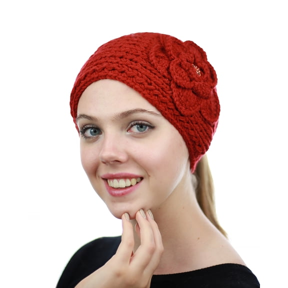 NYFASHION101 Stone Accent Hand Knitted Flower Winter Headband Headwrap - NAG15Y, Orange