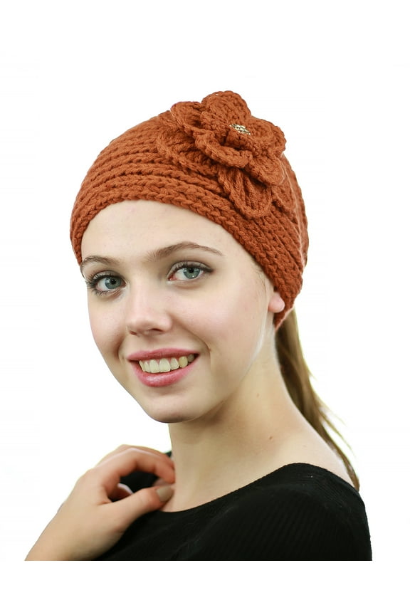 Stone Accent Hand Knitted Flower Winter Headband Headwrap - NAG15Y, Rust
