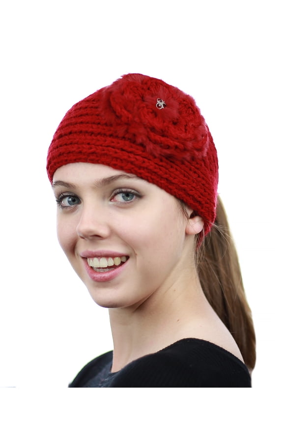 Stone Accent Hand Knitted Flower Winter Headband Headwrap - NAG320Y, Red