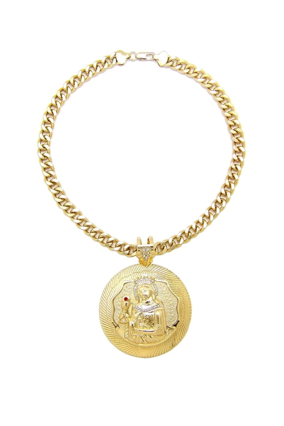 Stone Stud St. Barbara Round Pendant 9mm Cuban Chain Necklace