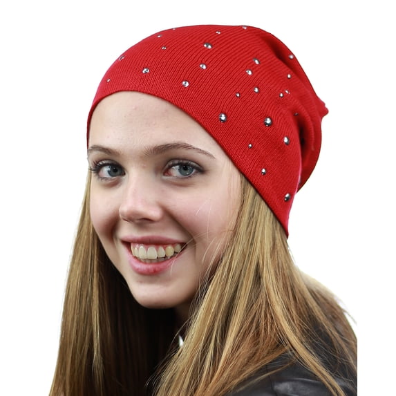 NYFASHION101 Unisex Comfort & Warm Knit Studded Slouchy Beanie Hat Red